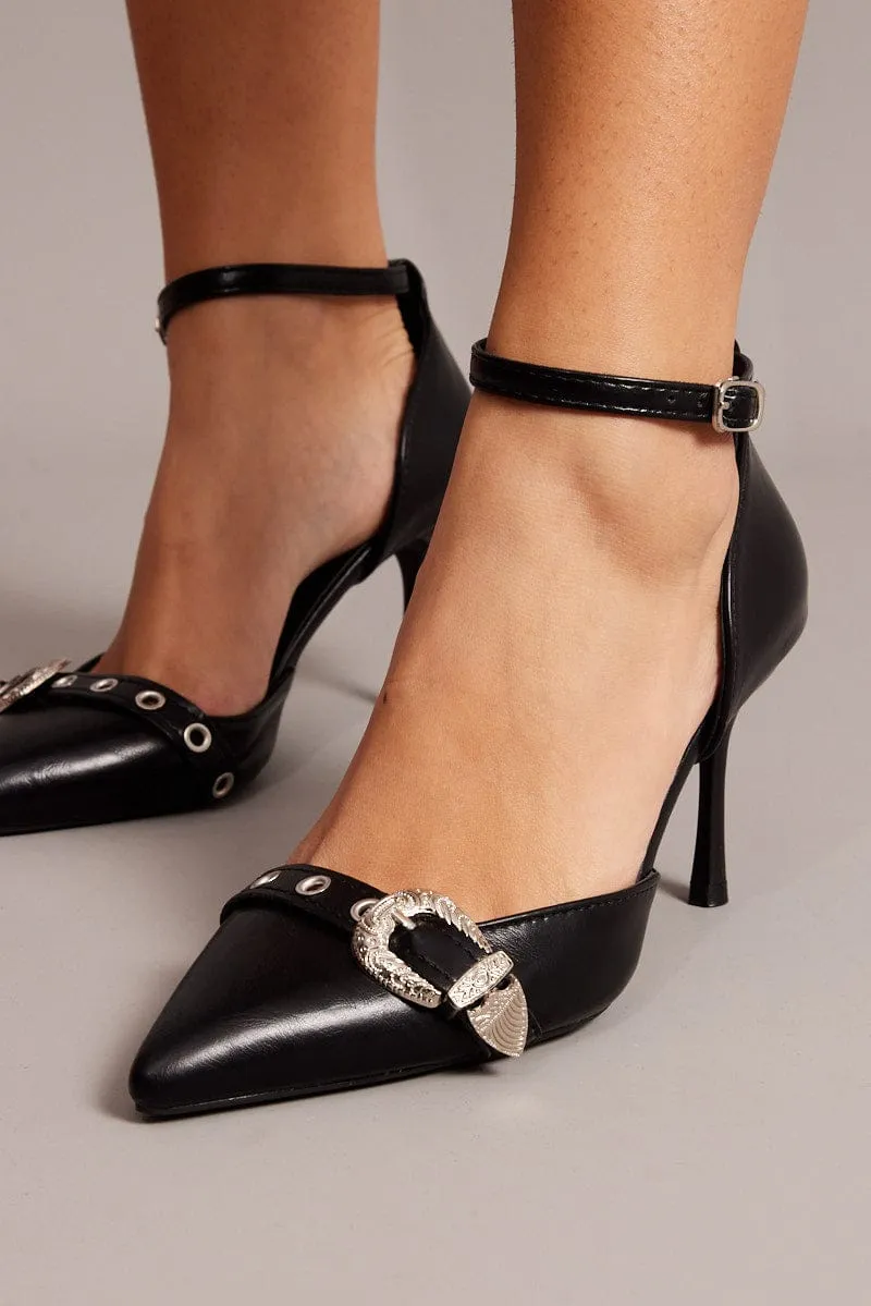 Black Buckle Decor Heeled Shoes