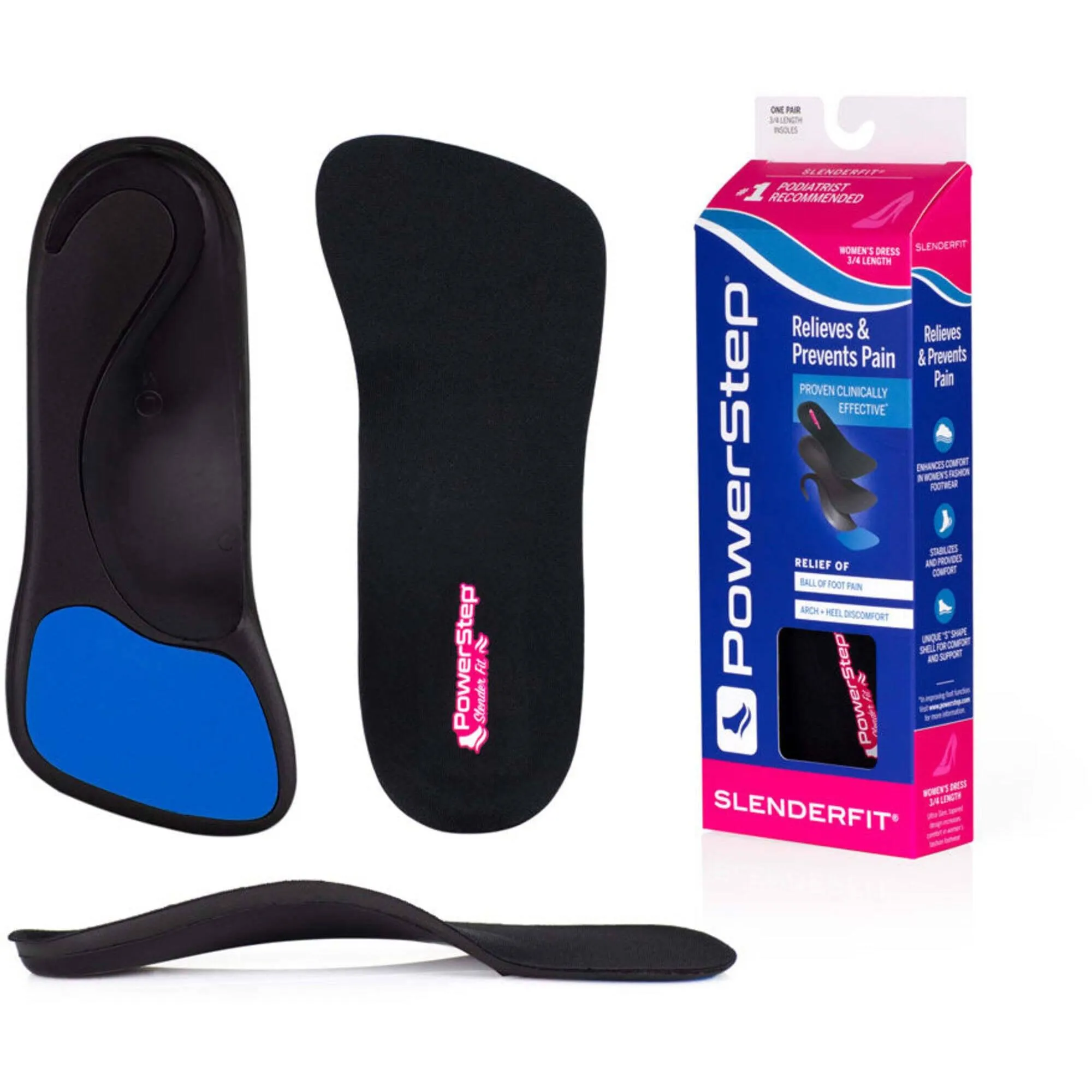 PowerStep Women's Insoles - SlenderFit 3/4 Arch Support Black Insole