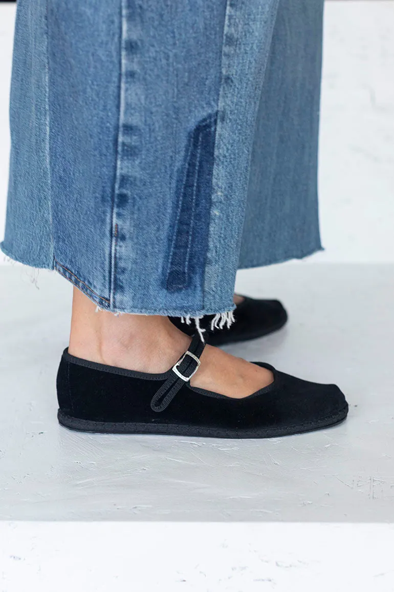 Velvet Mary Jane Slippers - Black