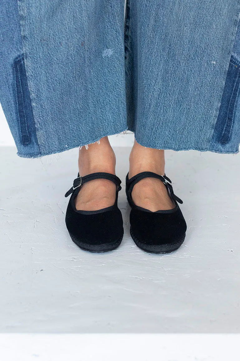 Velvet Mary Jane Slippers - Black