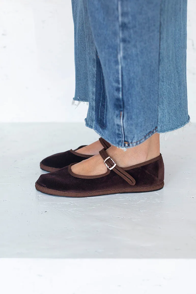 Velvet Mary Jane Slippers - Brown