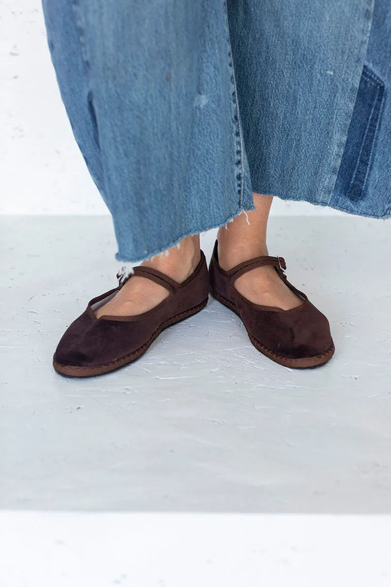 Velvet Mary Jane Slippers - Brown
