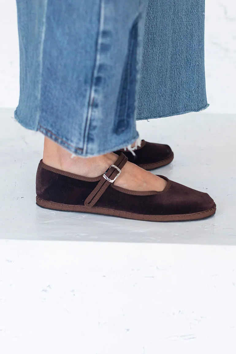 Velvet Mary Jane Slippers - Brown