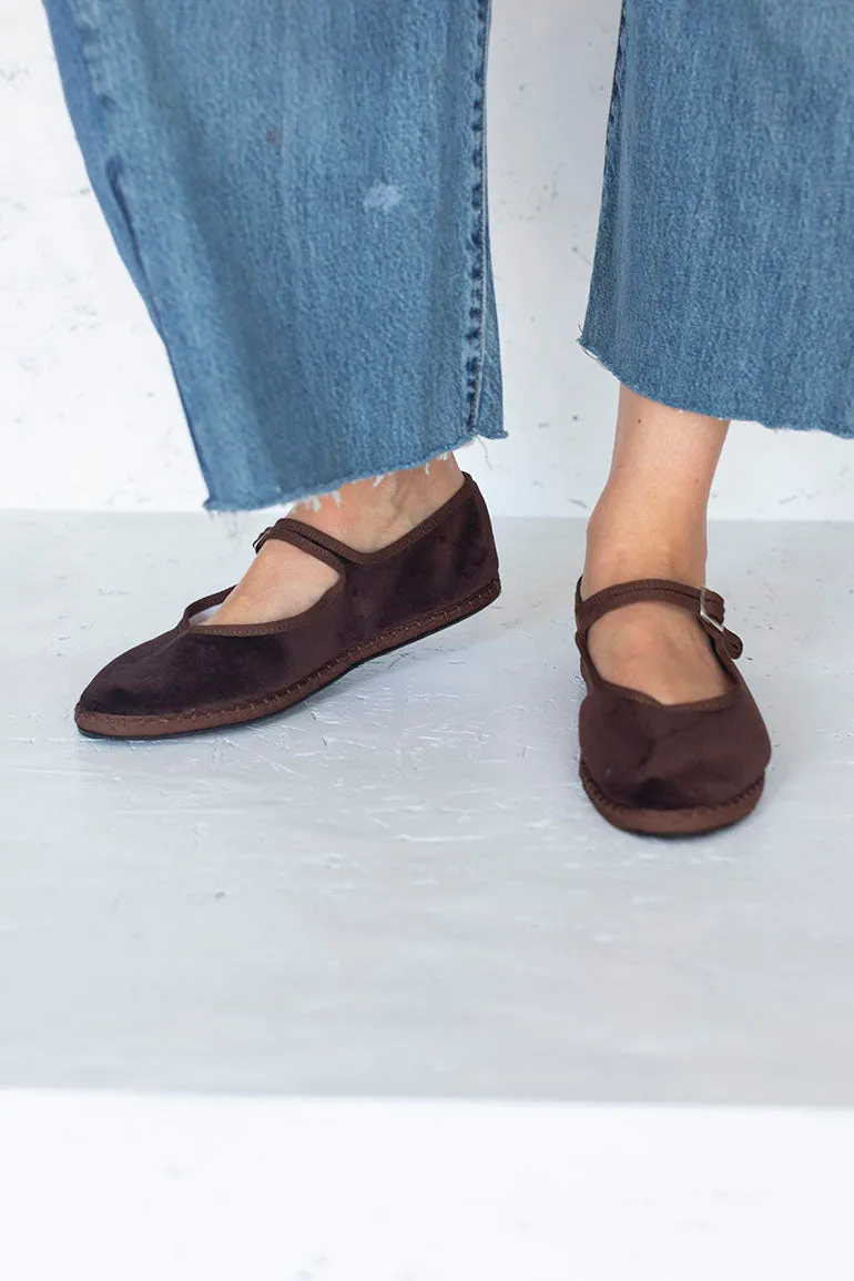 Velvet Mary Jane Slippers - Brown