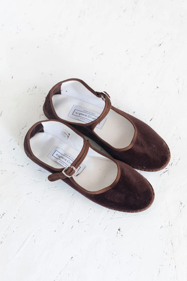 Velvet Mary Jane Slippers - Brown