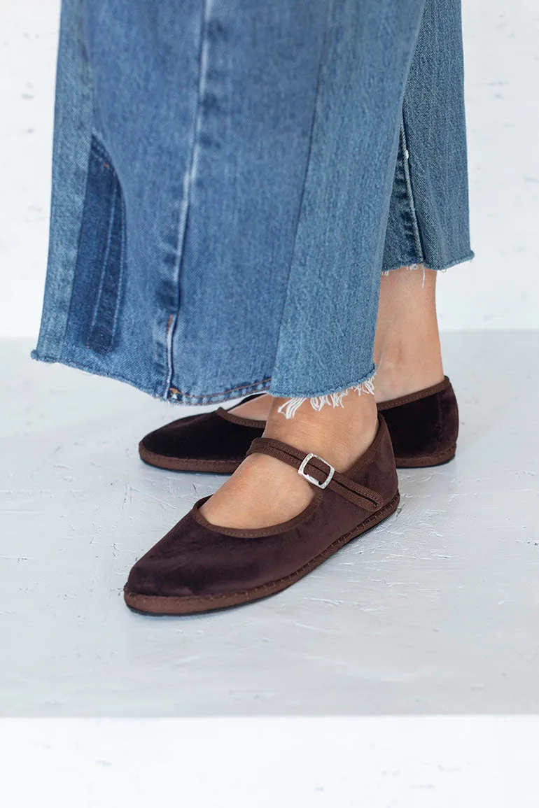 Velvet Mary Jane Slippers - Brown