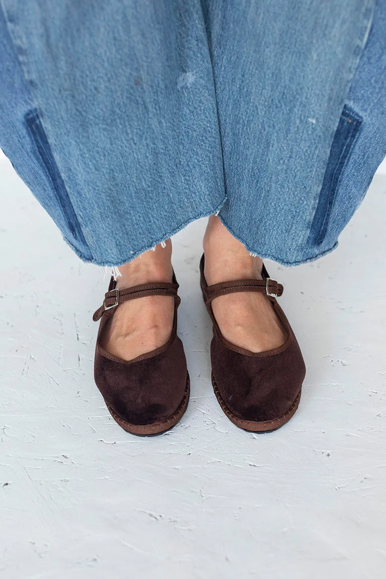 Velvet Mary Jane Slippers - Brown