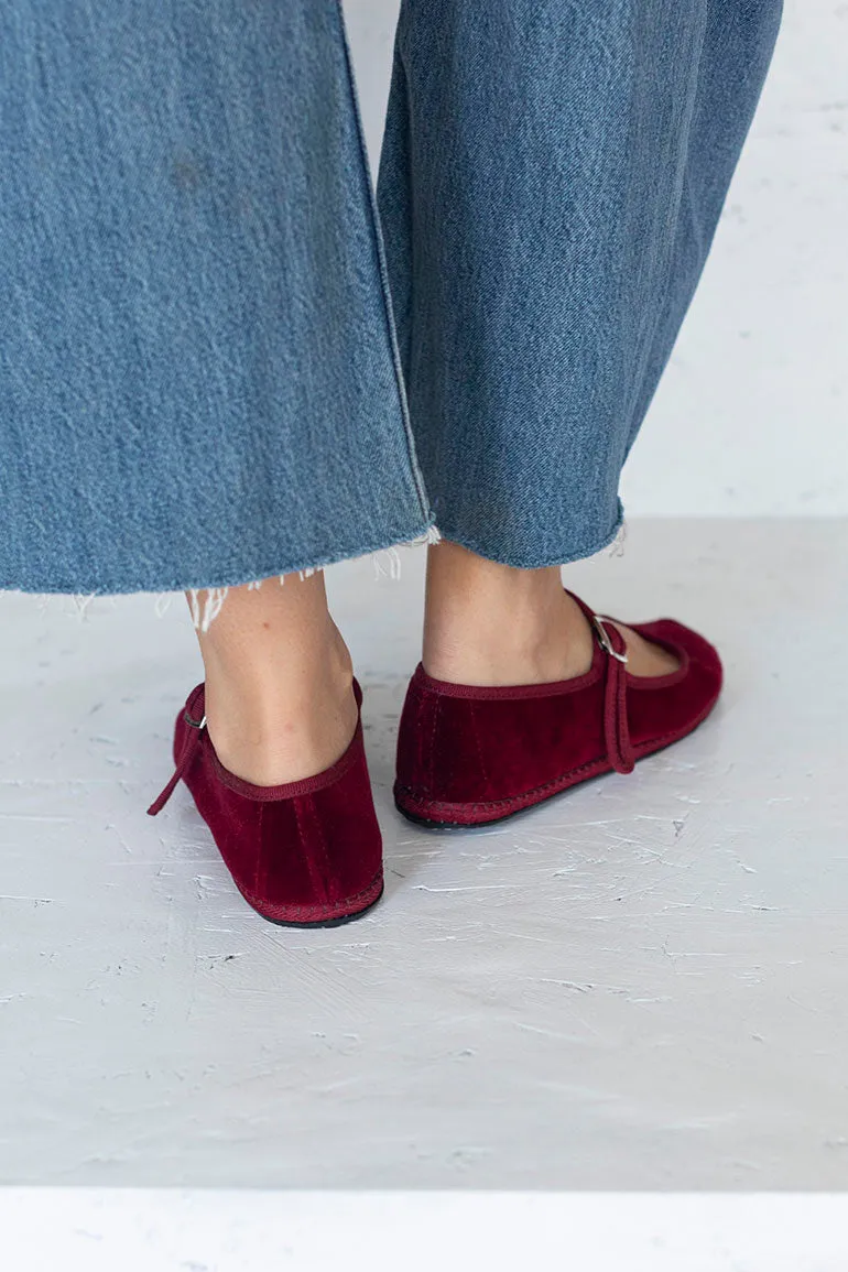 Velvet Mary Jane Slippers - Burgundy