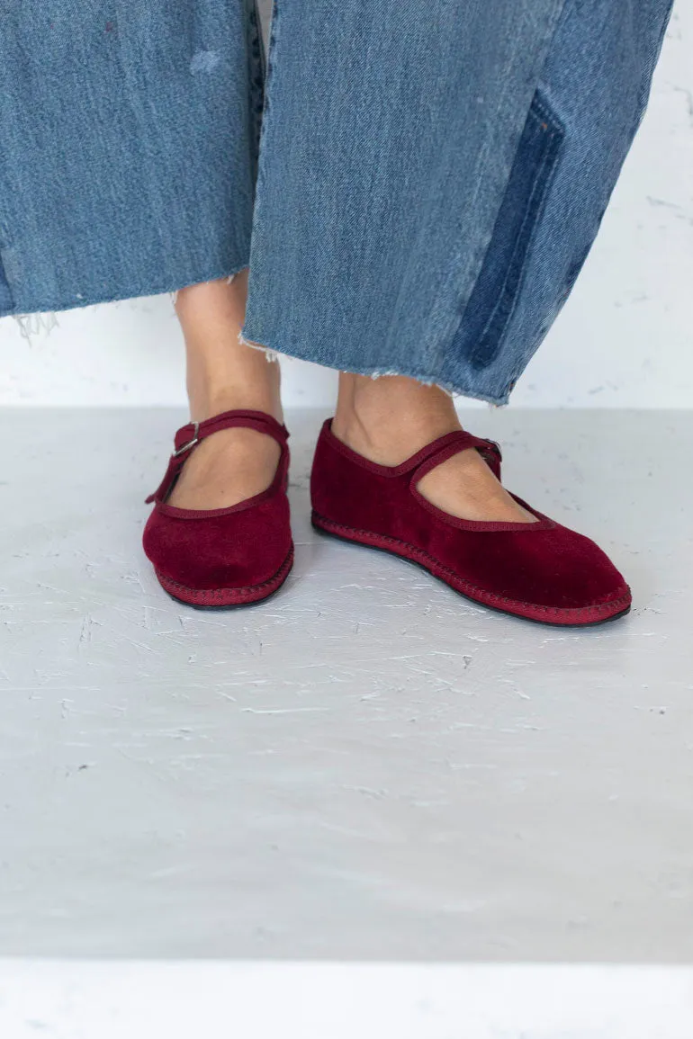 Velvet Mary Jane Slippers - Burgundy