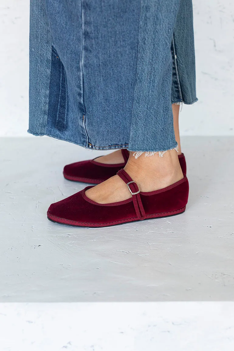 Velvet Mary Jane Slippers - Burgundy