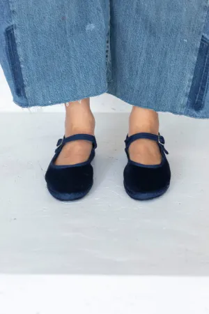 Velvet Mary Jane Slippers - Navy