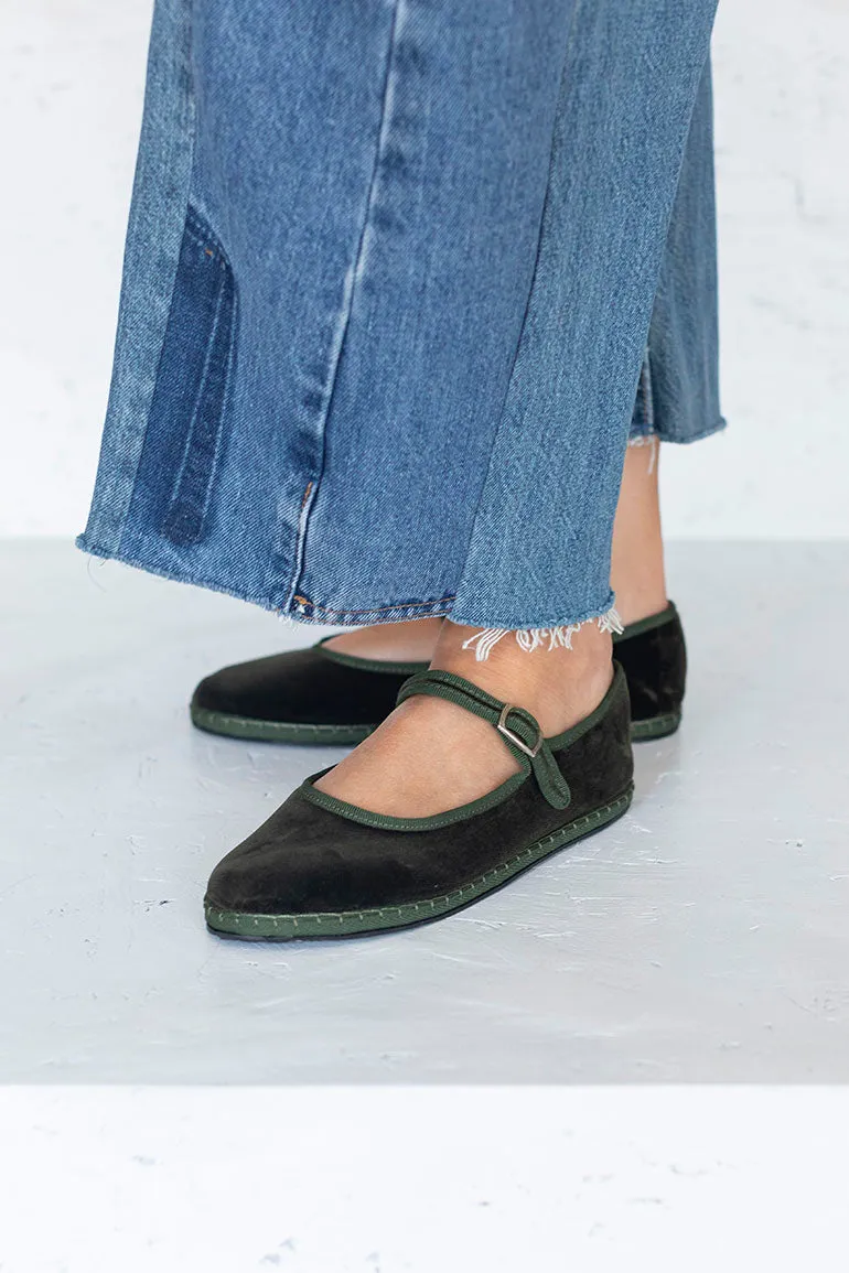 Velvet Mary Jane Slippers - Olive