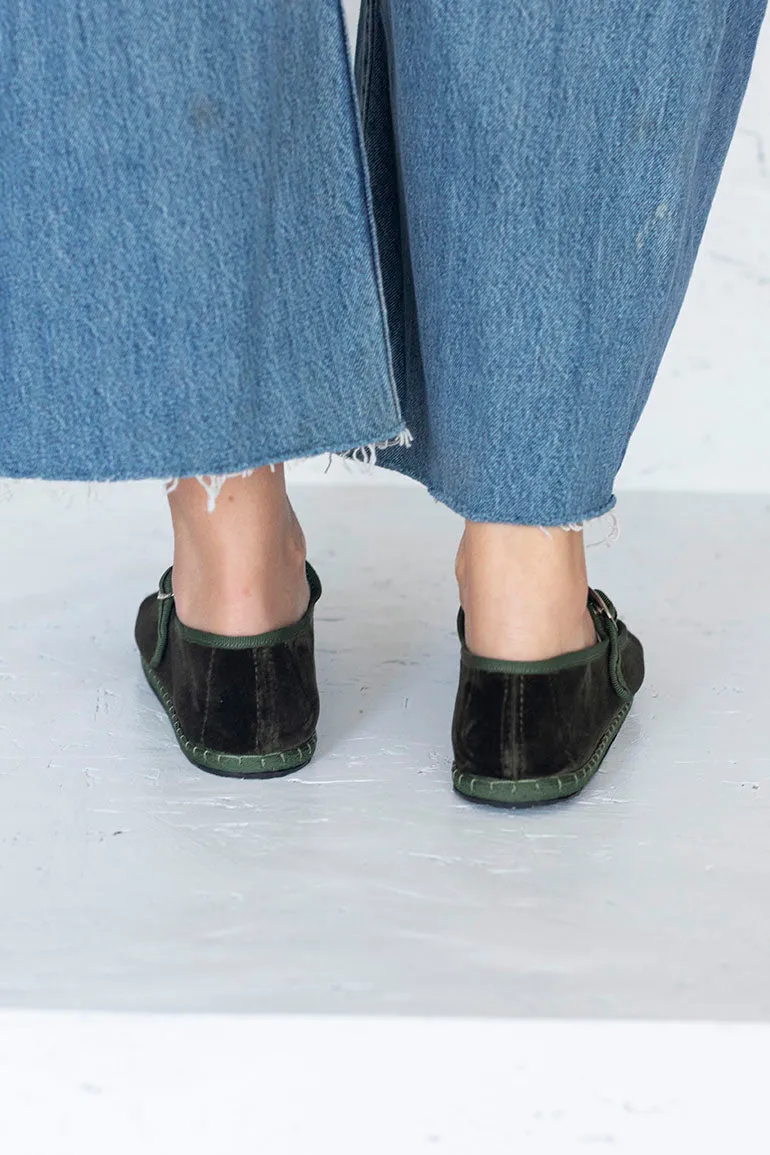 Velvet Mary Jane Slippers - Olive