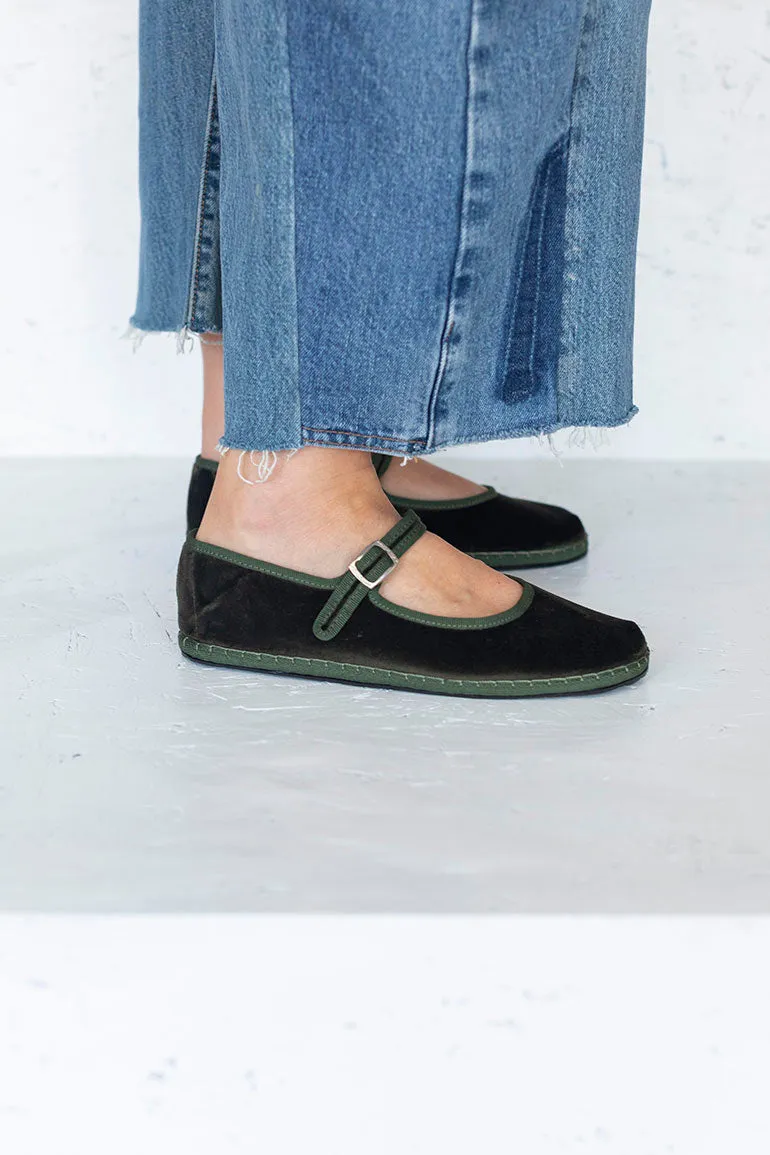 Velvet Mary Jane Slippers - Olive