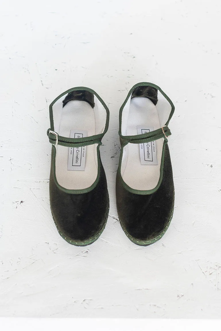 Velvet Mary Jane Slippers - Olive