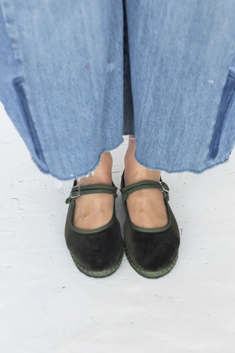 Velvet Mary Jane Slippers - Olive