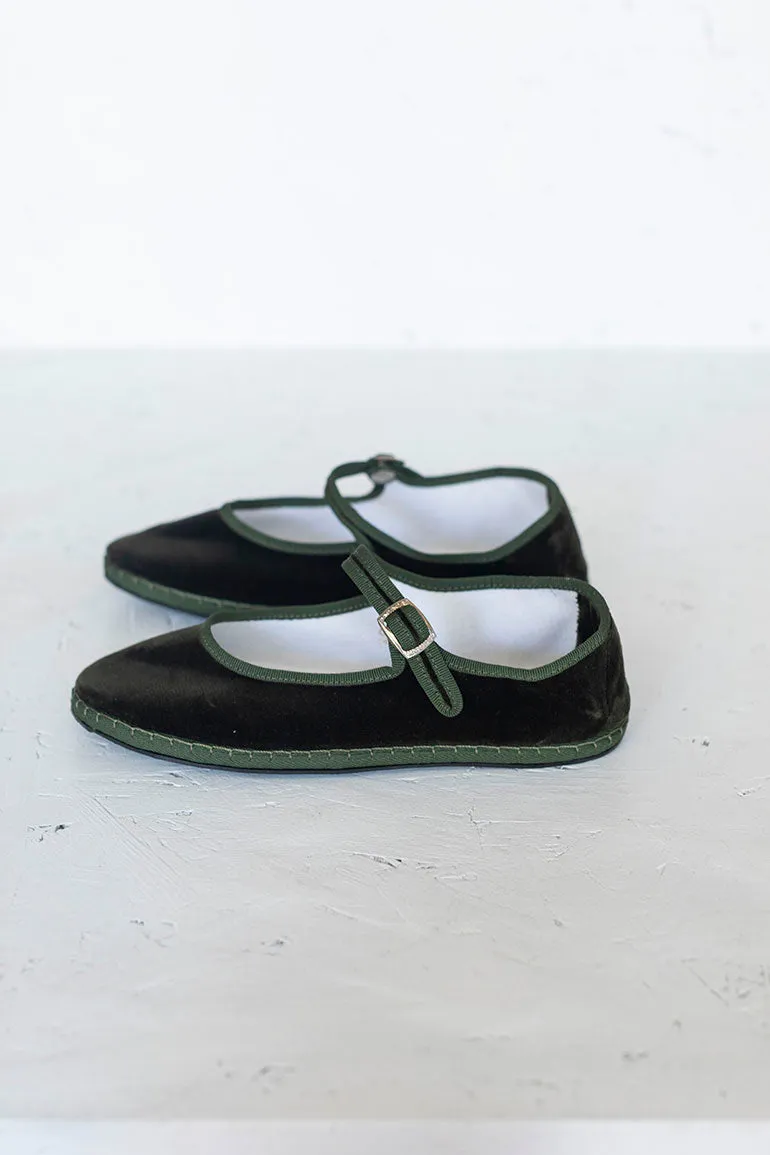 Velvet Mary Jane Slippers - Olive