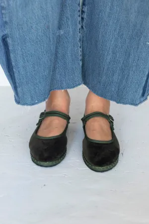 Velvet Mary Jane Slippers - Olive