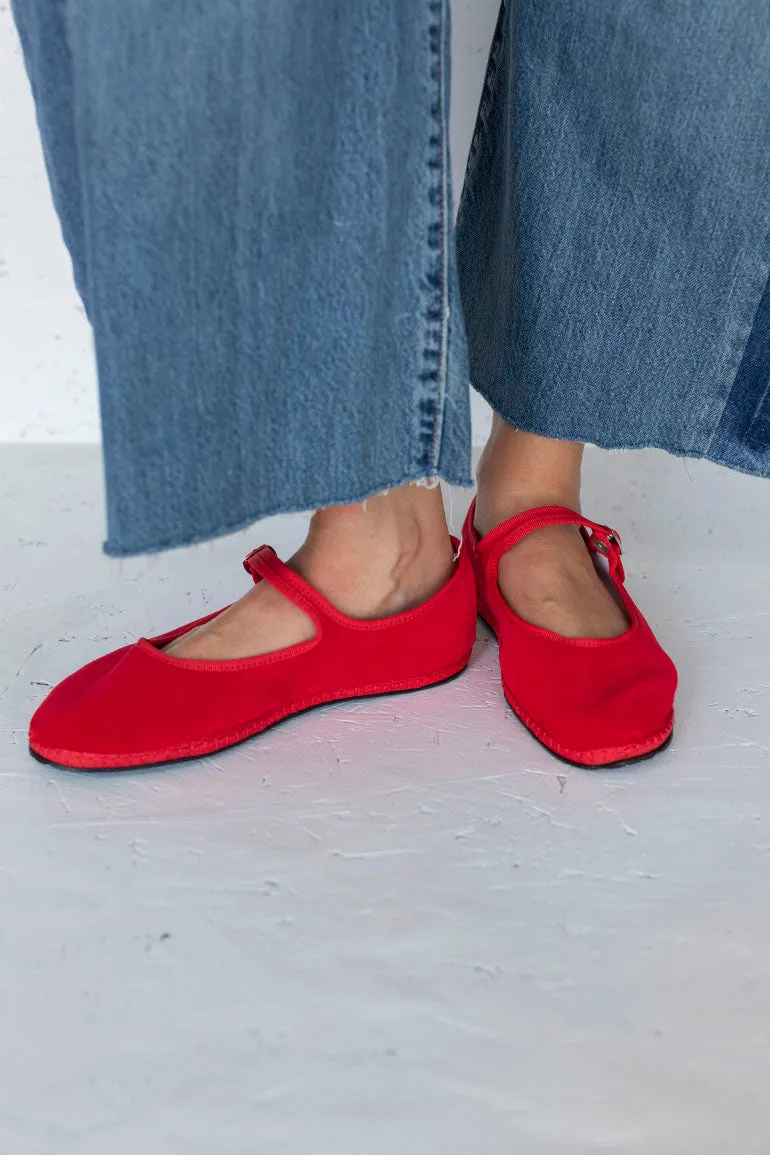 Velvet Mary Jane Slippers - Red